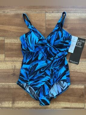 Miraclesuit Blue and Black Palm Print with Blue Foil Women’s One-Piece Swimsuit